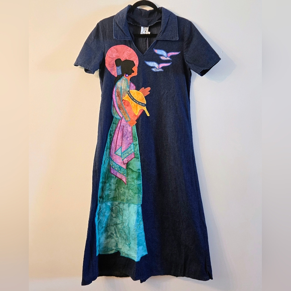 Vintage Denim Maxi Dress with Artistic Front Appliqué